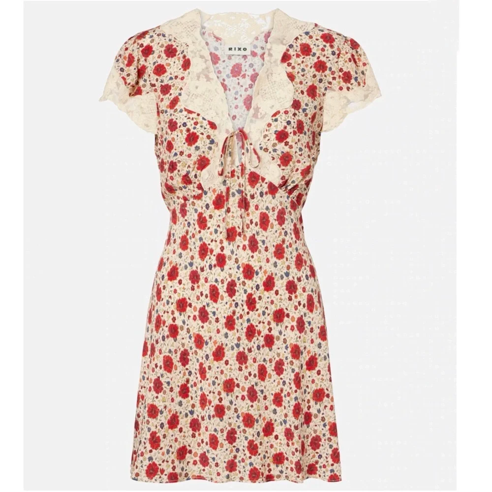 RIXO lace trimmed Floral Red and Cream miniDress NEW - Picture 4 of 15